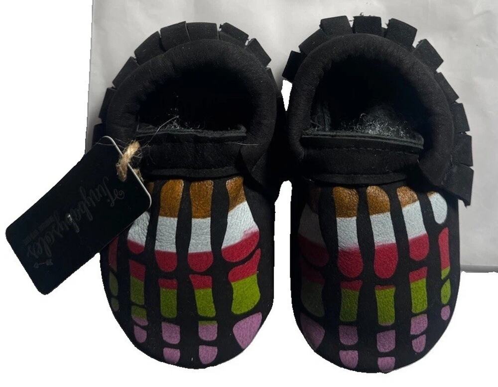 Tiny Baby Soles Halloween Skeleton Bones Baby Moccasins Size 3 Black Fringe NWT